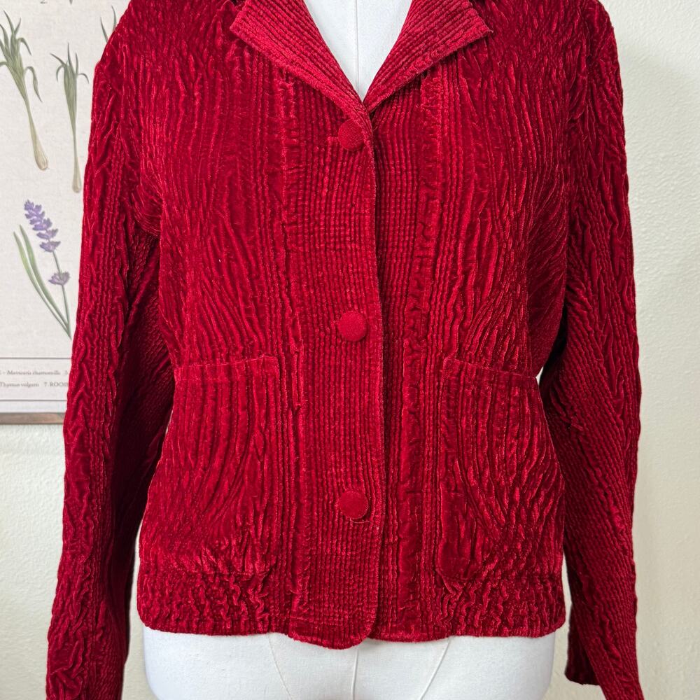 Vintage 90s Y2k Red Crinkle Velvet Collared Blazer Jacket Vampire Whimsigoth S - Picture 5 of 9